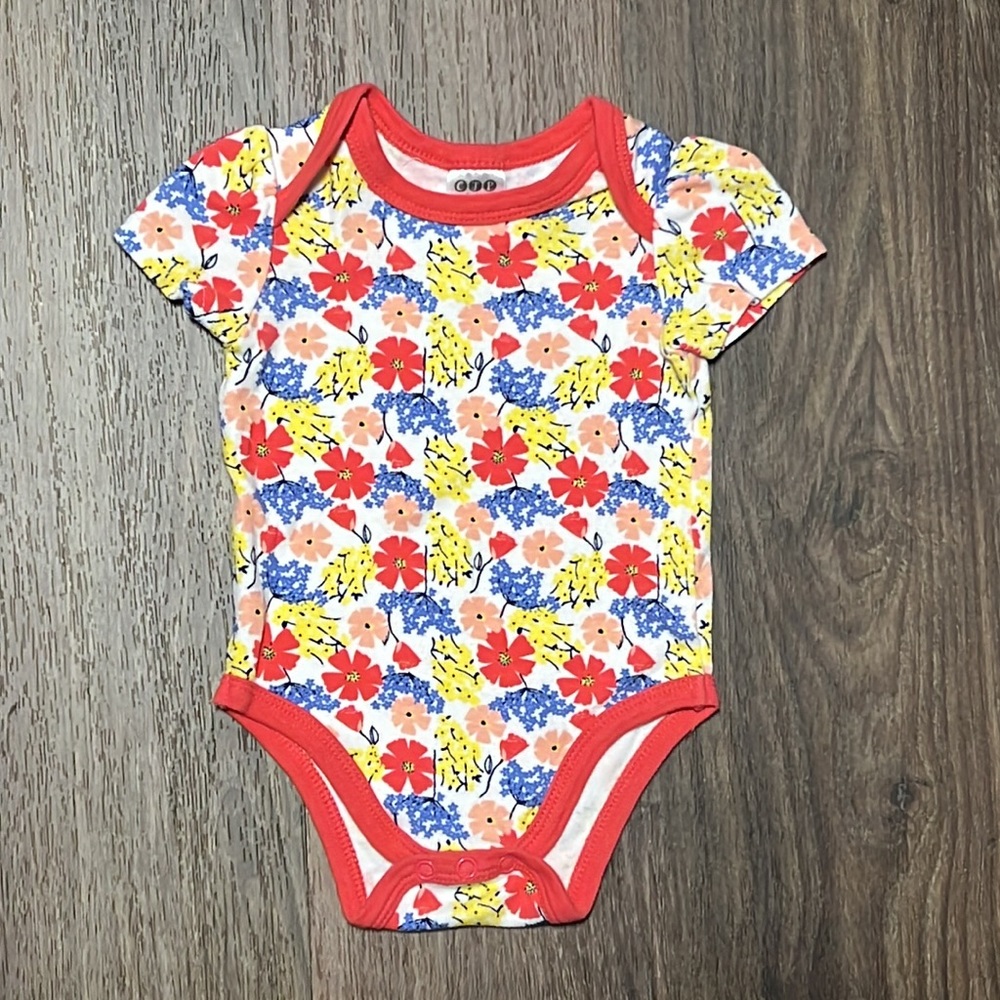 CJP Baby Floral Bodysuit with Coral Pink Trim 3-6m